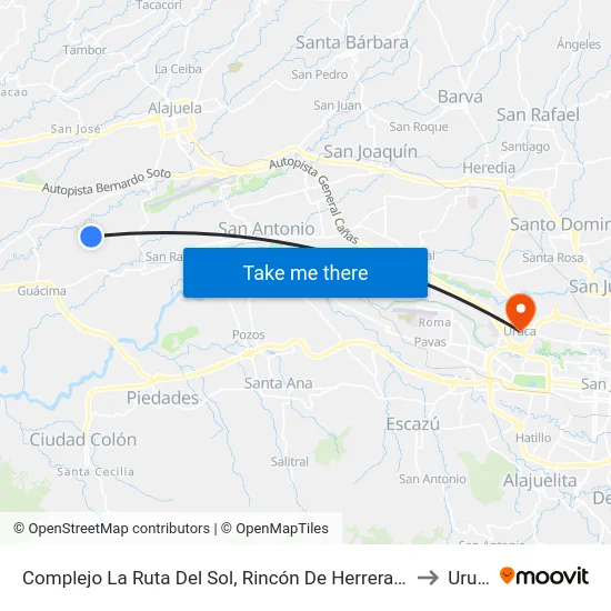 Complejo La Ruta Del Sol, Rincón De Herrera Alajuela to Uruca map