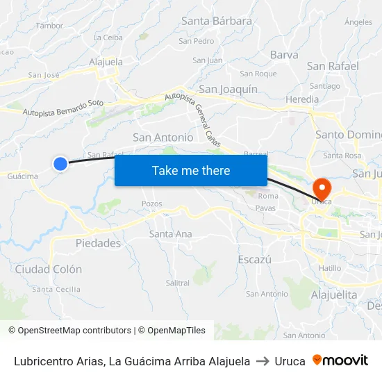 Lubricentro Arias, La Guácima Arriba Alajuela to Uruca map