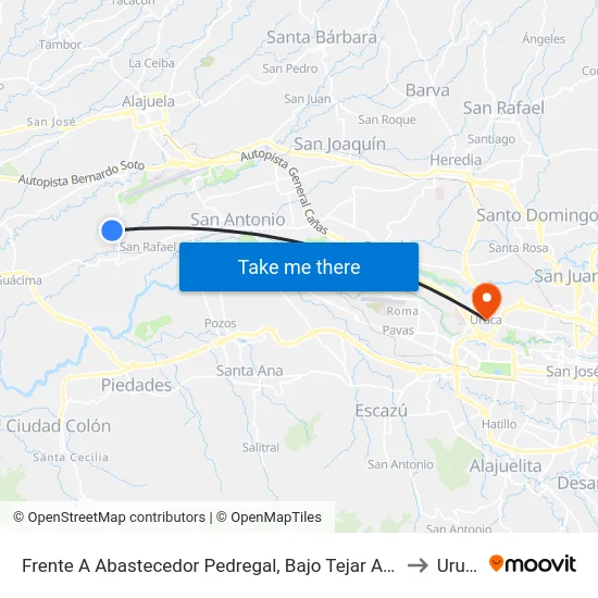 Frente A Abastecedor Pedregal, Bajo Tejar Alajuela to Uruca map