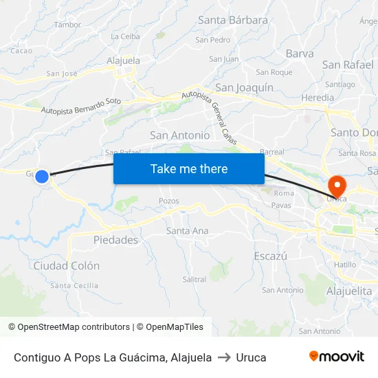 Contiguo A Pops La Guácima, Alajuela to Uruca map