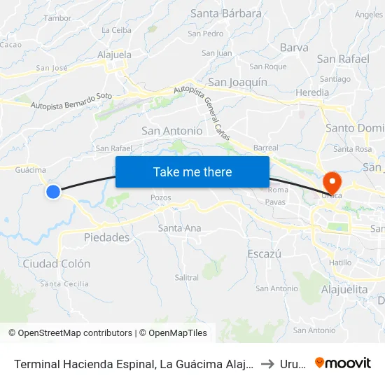 Terminal Hacienda Espinal, La Guácima Alajuela to Uruca map