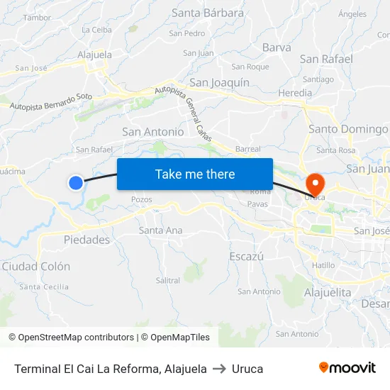 Terminal El Cai La Reforma, Alajuela to Uruca map