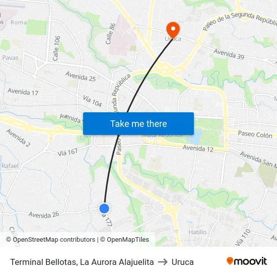 Terminal Bellotas, La Aurora Alajuelita to Uruca map