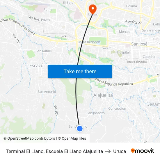 Terminal El Llano, Escuela El Llano Alajuelita to Uruca map