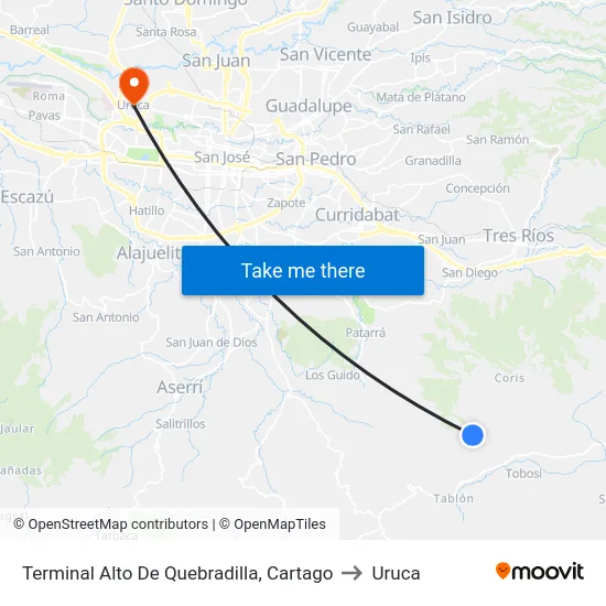 Terminal Alto De Quebradilla, Cartago to Uruca map