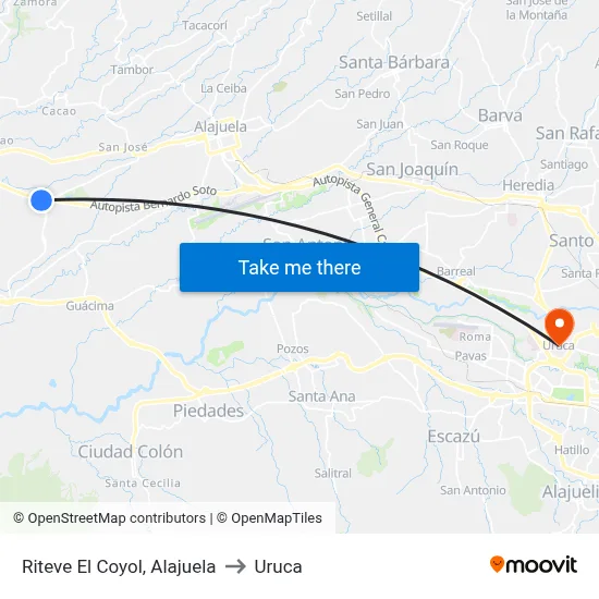 Riteve El Coyol, Alajuela to Uruca map