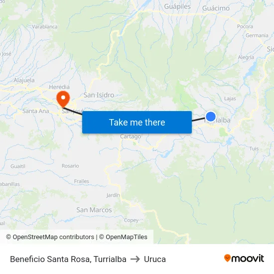 Beneficio Santa Rosa, Turrialba to Uruca map