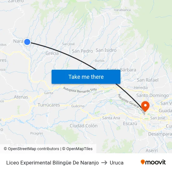 Liceo Experimental Bilingüe De Naranjo to Uruca map