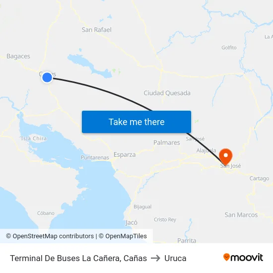 Terminal De Buses La Cañera, Cañas to Uruca map