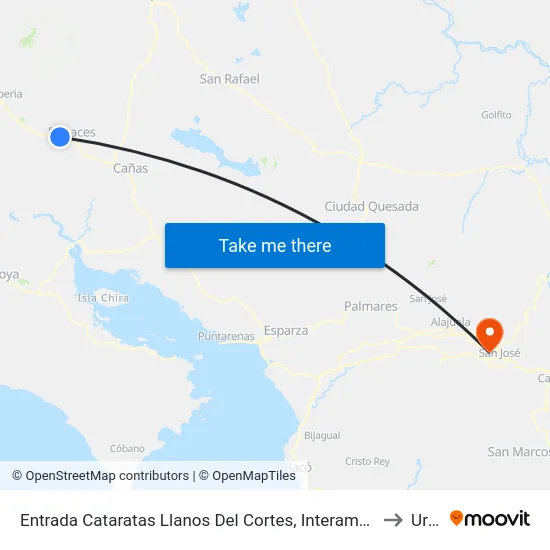 Entrada Cataratas Llanos Del Cortes, Interamericana Norte Bagaces to Uruca map