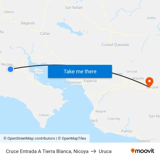 Cruce Entrada A Tierra Blanca, Nicoya to Uruca map