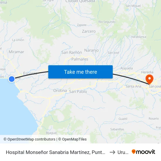 Hospital Monseñor Sanabria Martínez, Puntarenas to Uruca map