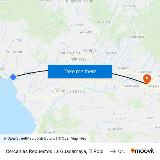Cercanías Repuestos La Guacamaya, El Roble Puntarenas to Uruca map