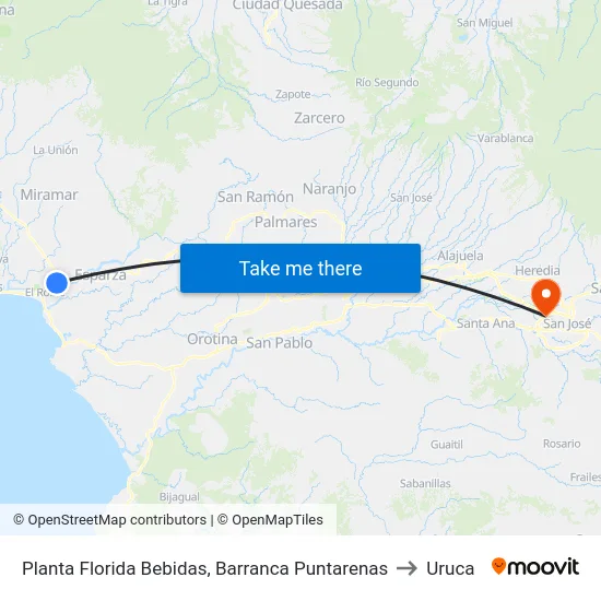 Planta Florida Bebidas, Barranca Puntarenas to Uruca map