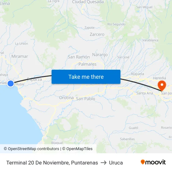 Terminal 20 De Noviembre, Puntarenas to Uruca map