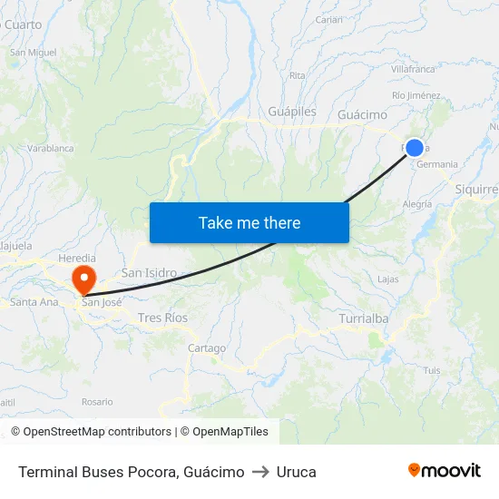 Terminal Buses Pocora, Guácimo to Uruca map