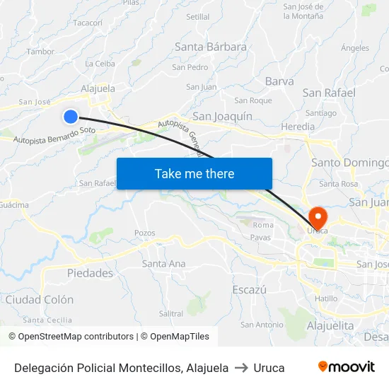 Delegación Policial Montecillos, Alajuela to Uruca map