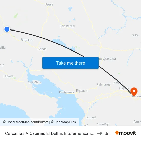 Cercanías A Cabinas El Delfín, Interamericana Norte Liberia to Uruca map