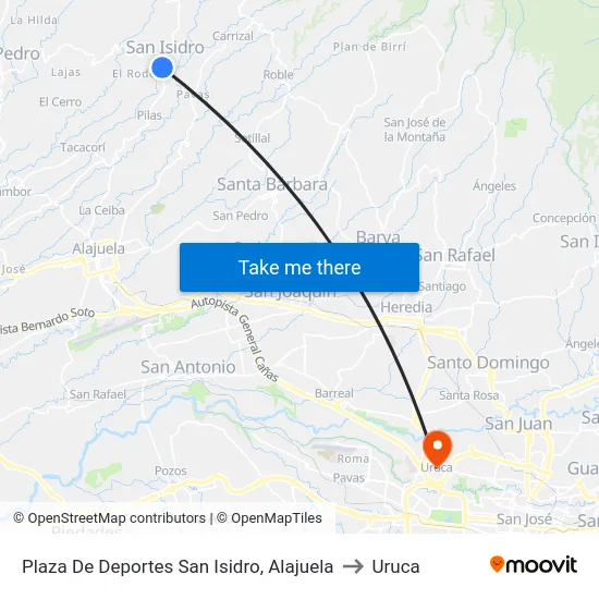 Plaza De Deportes San Isidro, Alajuela to Uruca map