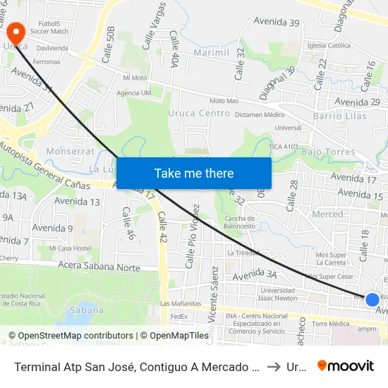 Terminal Atp San José, Contiguo A Mercado La Coca Cola to Uruca map
