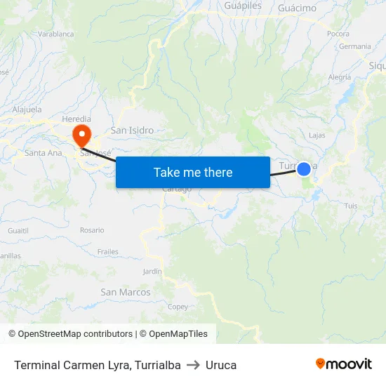 Terminal Carmen Lyra, Turrialba to Uruca map