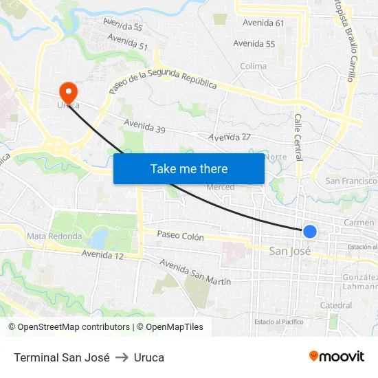 Terminal San José to Uruca map