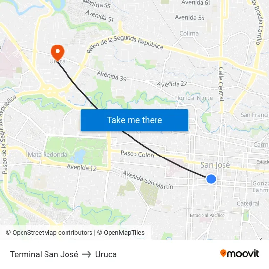 Terminal San José to Uruca map