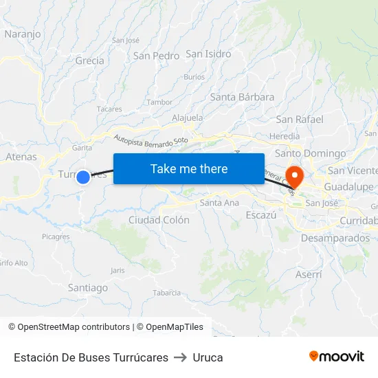 Estación De Buses Turrúcares to Uruca map