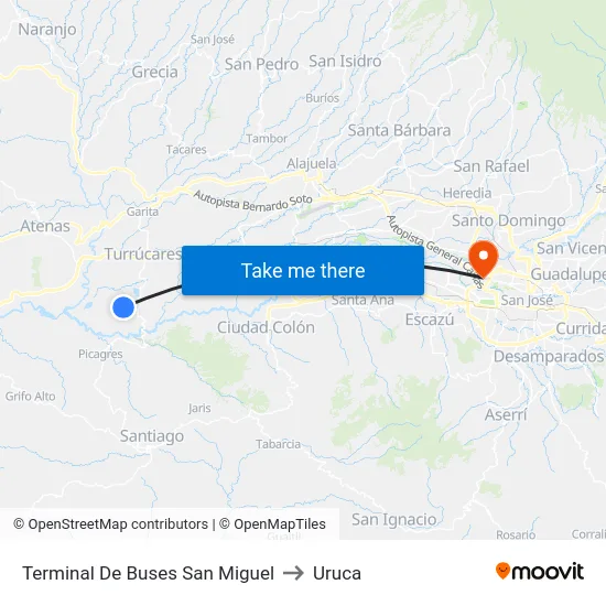 Terminal De Buses San Miguel to Uruca map