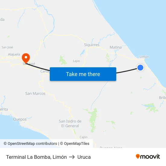 Terminal La Bomba, Limón to Uruca map