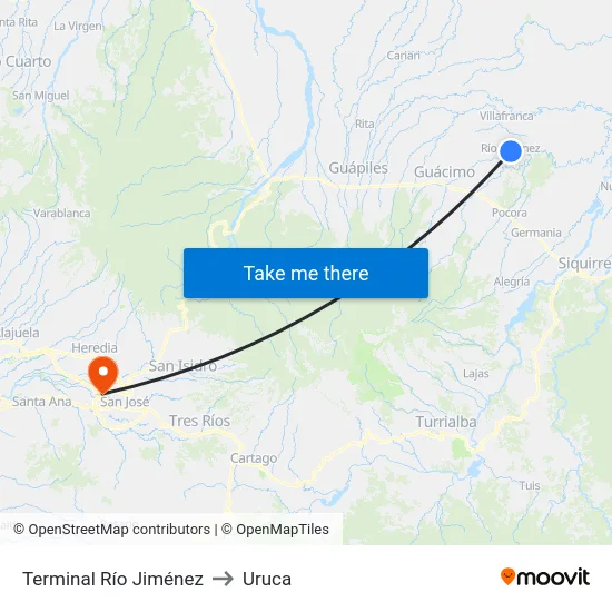 Terminal Río Jiménez to Uruca map