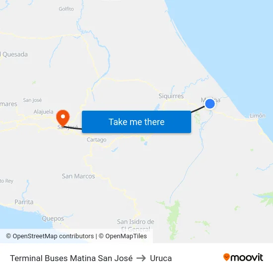 Terminal Buses Matina San José to Uruca map