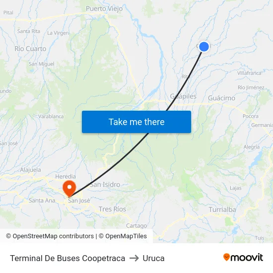Terminal De Buses Coopetraca to Uruca map