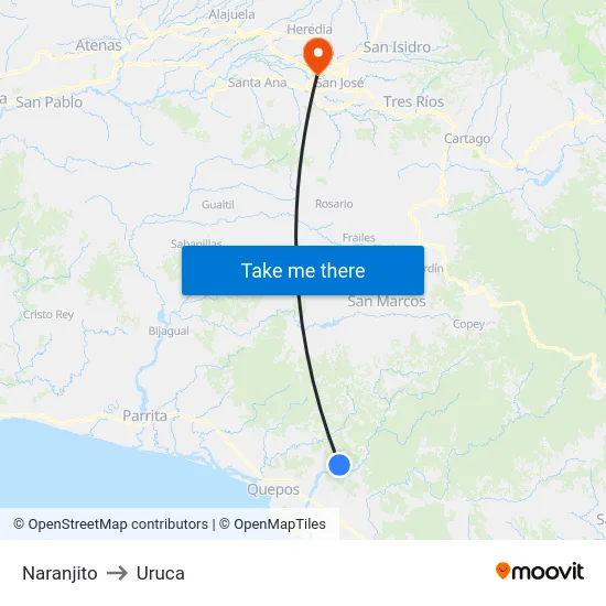 Naranjito to Uruca map