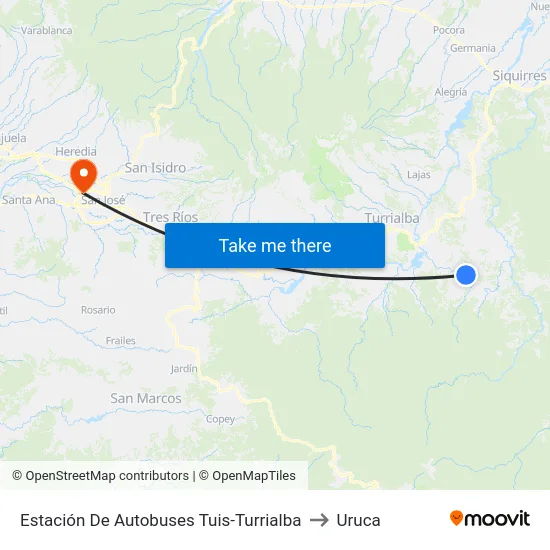 Estación De Autobuses Tuis-Turrialba to Uruca map