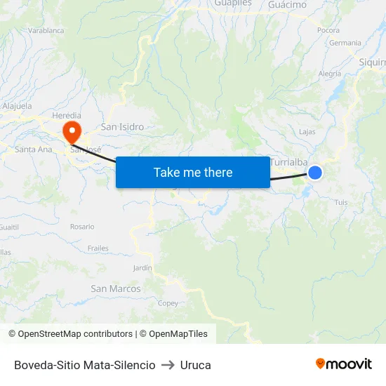 Boveda-Sitio Mata-Silencio to Uruca map