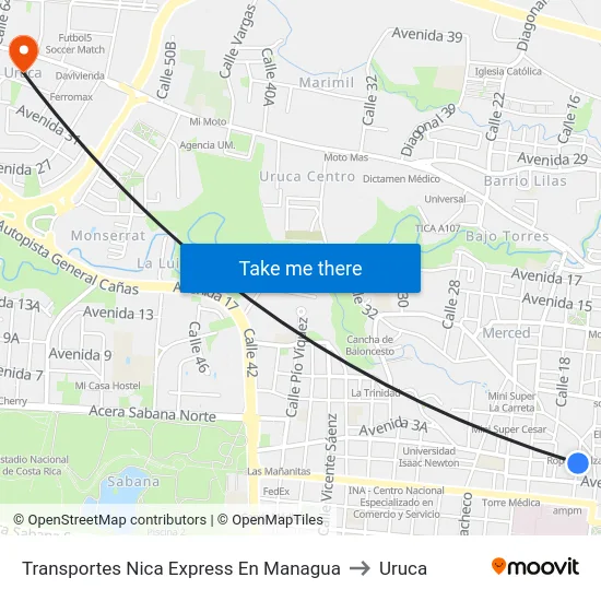 Transportes Nica Express En Managua to Uruca map
