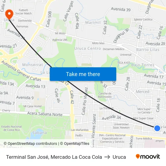 Terminal San José, Mercado La Coca Cola to Uruca map