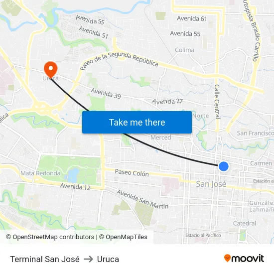 Terminal San José to Uruca map