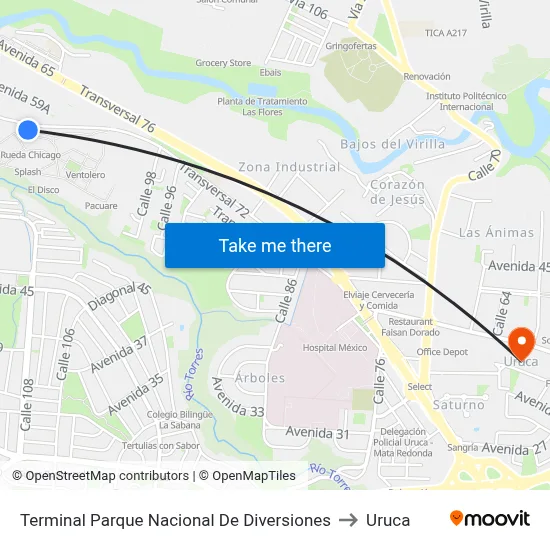 Terminal Parque Nacional De Diversiones to Uruca map