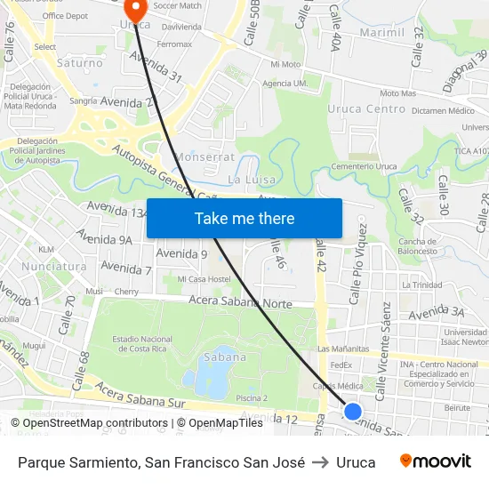 Parque Sarmiento, San Francisco San José to Uruca map