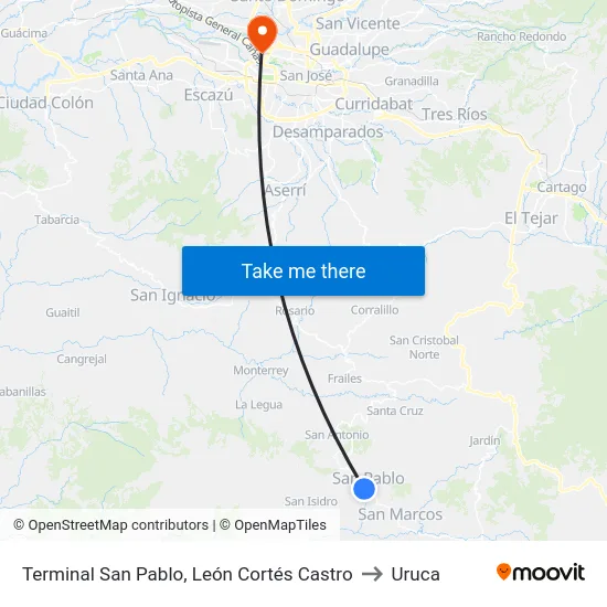 Terminal San Pablo, León Cortés Castro to Uruca map