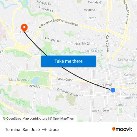 Terminal San José to Uruca map