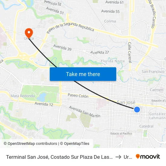 Terminal San José, Costado Sur Plaza De Las Garantías Sociales to Uruca map