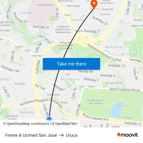 Frente A Ucimed San José to Uruca map