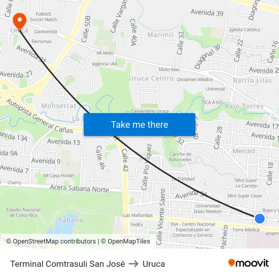 Terminal Comtrasuli San José to Uruca map