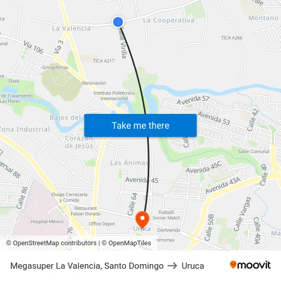 Megasuper La Valencia, Santo Domingo to Uruca map