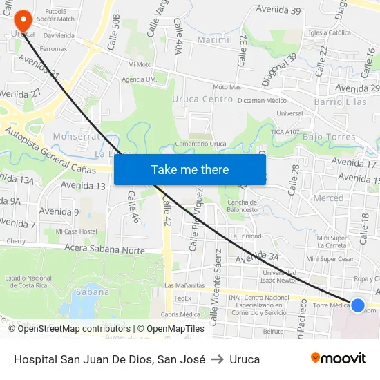 Hospital San Juan De Dios, San José to Uruca map
