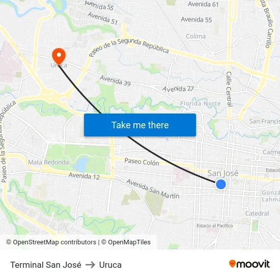Terminal San José to Uruca map