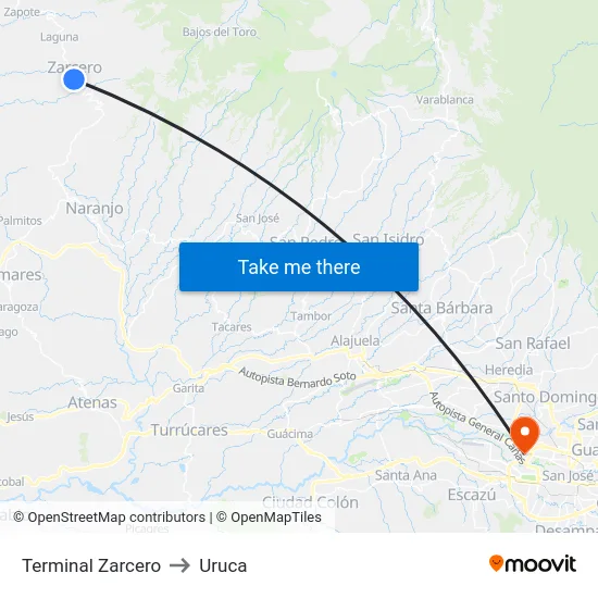 Terminal Zarcero to Uruca map